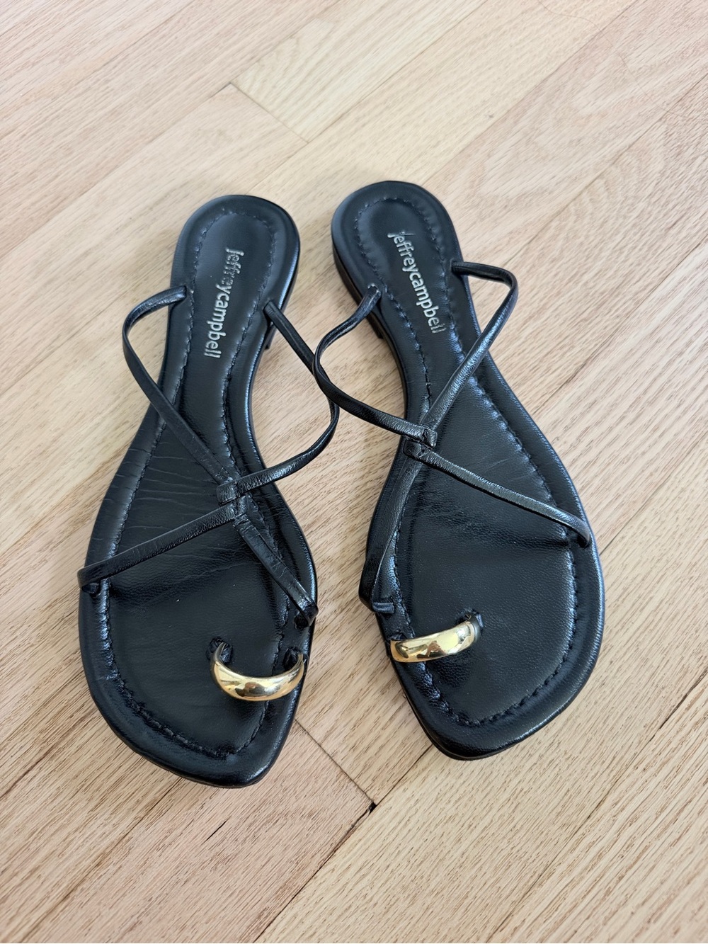 Jeffrey Campbell Black Leather Strappy Sandals with Gold Toe Accent